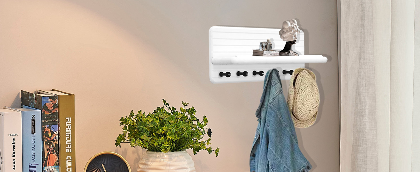 Дерев'яне ключниця з полицею та 6 гачками, ключниця на стіну для прихожого, коридору, кухні (білий)