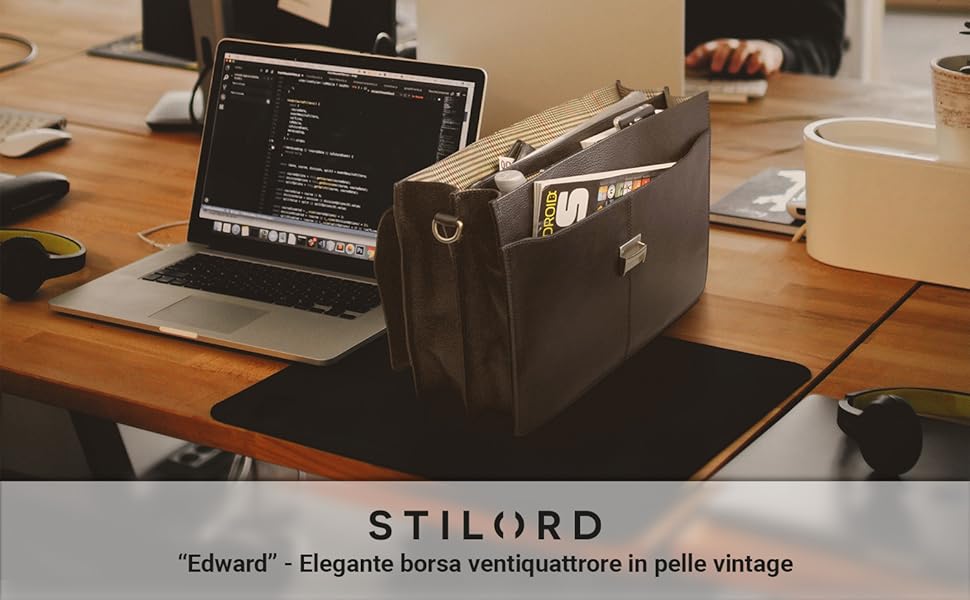 Стильна чоловіча сумка-портфель STILORD для документів та ноутбука з натуральної шкіри, чорна