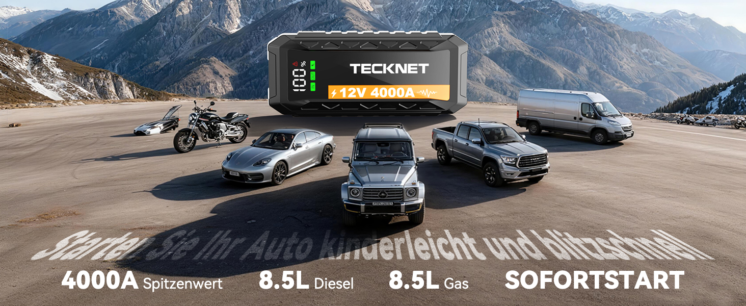 Powerbank для автомобіля TECKNET 4000A 12V: стартер, LED-ліхтарик, екран, кабель для авто, SUV, LKW, мотоциклів