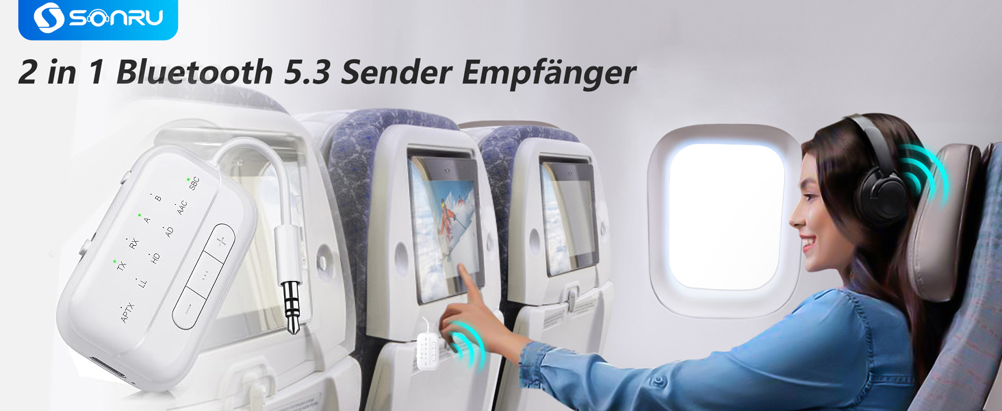 Bluetooth адаптер SONRU 5.3 Airfly: передавач та приймач 2-в-1, Aux 3.5 мм для навушників, ТБ, автомобіля та літака