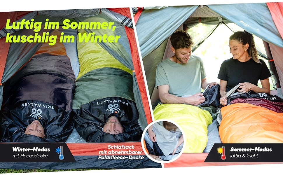 Спальний мішок SKINWALKER 3-4 сезони з знімним флісовим вкладишем, ультралегкий (-1600г), для кемпінгу та походів, м'який, зелений