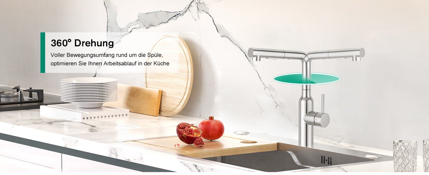 Кухонний змішувач CREA з висувною лійкою та 2 режимами струменя, поворотний на 360°, з нержавіючої сталі, матовий, для кухні