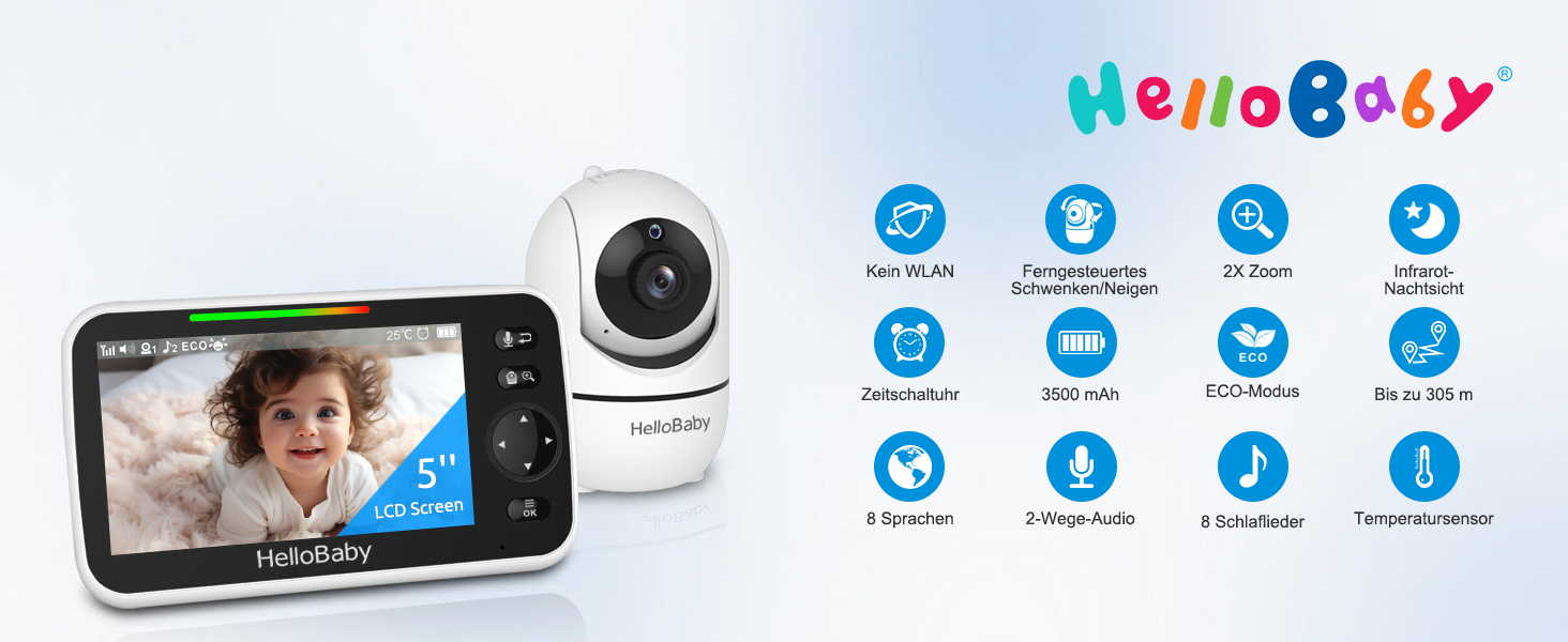 Дитячий відеоняня HelloBaby HB6550 з камерою, акумулятор 3500 mAh, 5-дюймовий екран, поворот 355°/нахил 120°, 2-сторонній аудіо, датчик температури, 8 колискових, нічне бачення