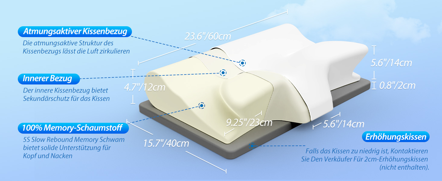Ергономічна подушка для шиї та голови HOMCA 2 в 1 з ефектом пам'яті (Memory Foam) для всіх позицій сну, 60x40x12/14 см, чорна