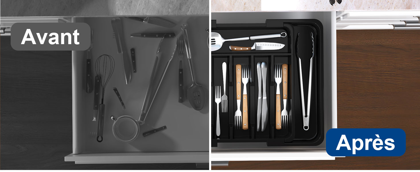 Органайзер для столових приборів в шухляду 40 см, чорний, пластиковий, з регульованими перегородками (6-8 відділень)