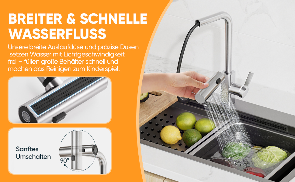 Кухонний змішувач BESy з 3 режимами струменя, висувна лійка, водоспад, поворотний на 360°, для високого тиску, з нержавіючої сталі SUS304, щіткова обробка