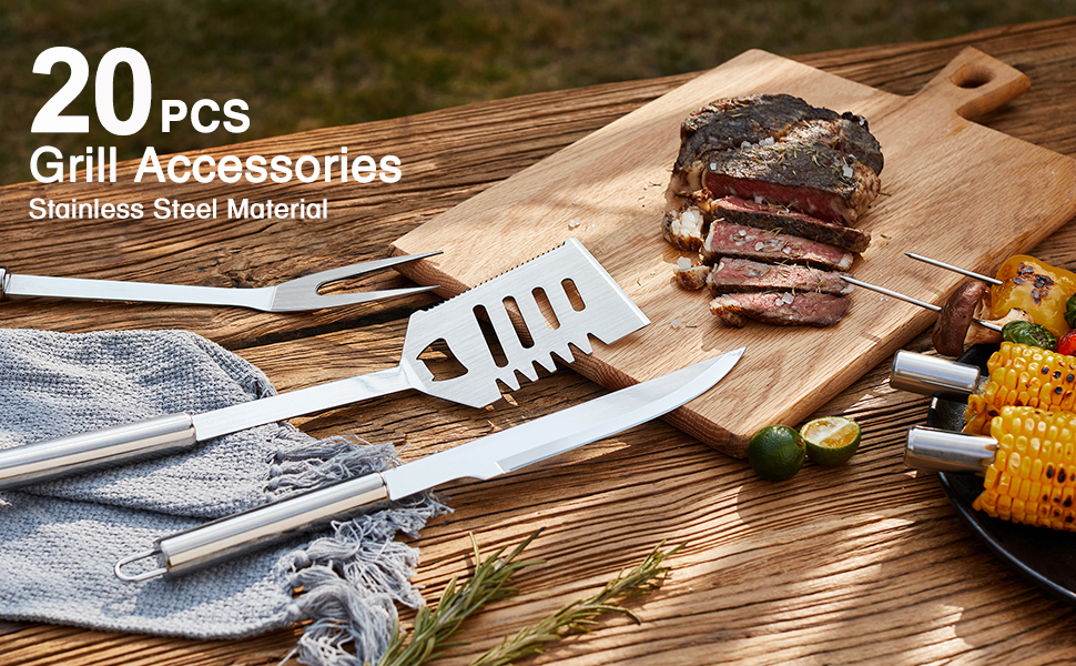 Набір гриль-посуду з нержавіючої сталі 20 предметів: щипці, лопатка, фартух для барбекю, кемпінгу та відпочинку на природі