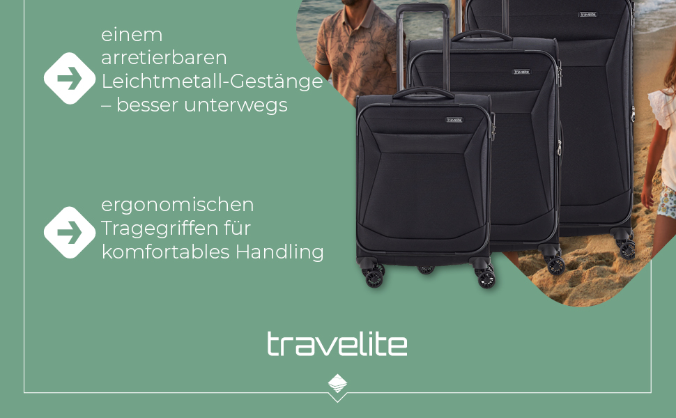 Чемодан Travelite Chios L, 78 см, 90-97 л, чорний: м'яка оболонка, захист кутів, розширюваний