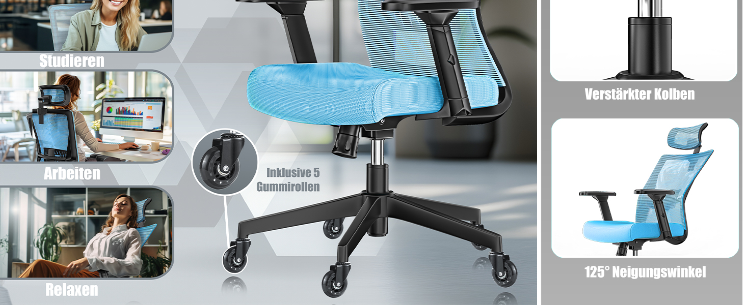 Офісне крісло KESSER® ергономічне з регульованими підлокітниками, підтримкою попереку та підголівником | Крісло для офісу з функцією гойдання до 125° та 5 колесами | Синій/Чорний