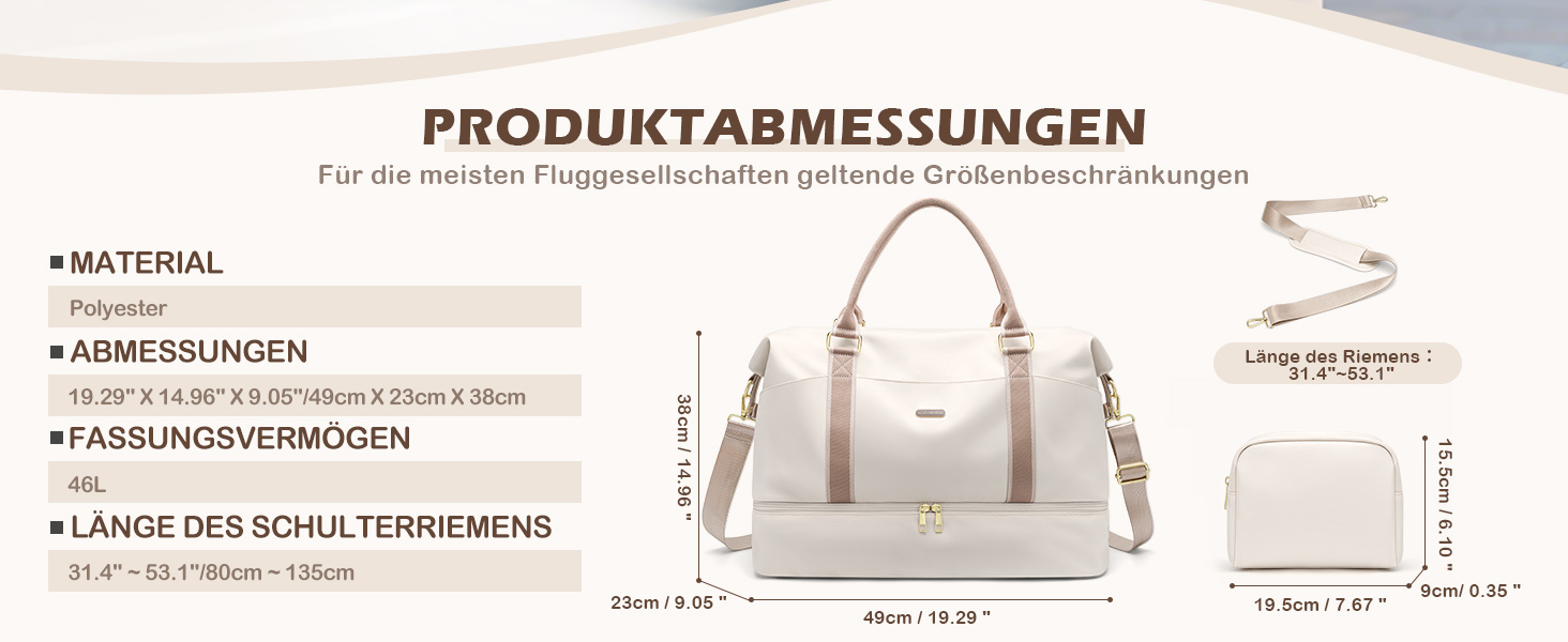 Велика дорожня сумка жіноча 46L Weekender з косметичкою, відділенням для взуття та мокрого одягу, для подорожей літаком (Кремовий)