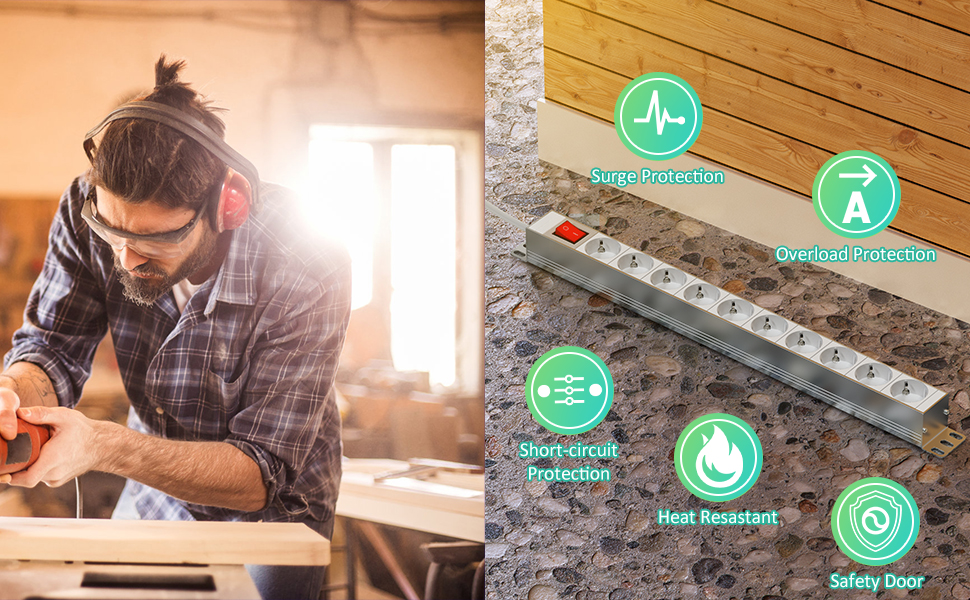 Мережевий фільтр 10 розеток з захистом від перенапруги, з вимикачем та поворотними кріпленнями, металевий корпус (білий)