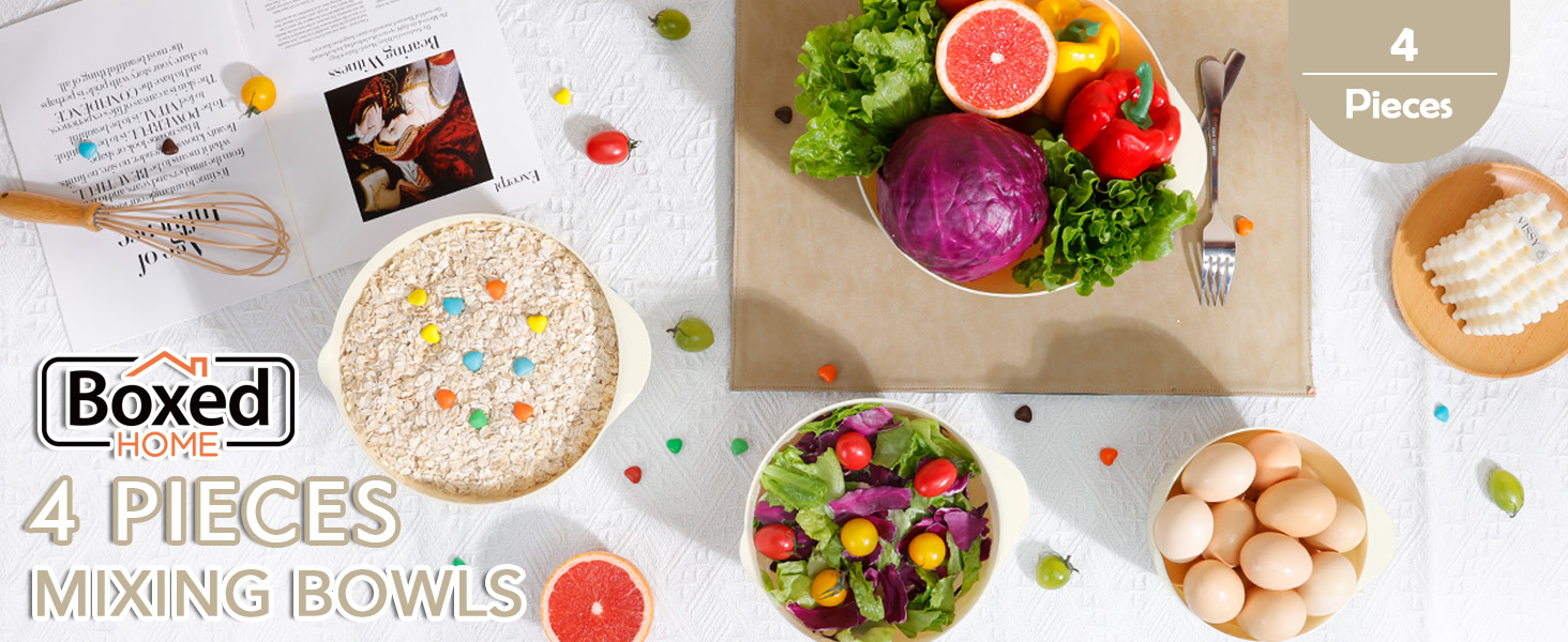 Набір мисок для змішування BoxedHome (4 шт.) з пластику, бежевий. Миски для салатів, ручне миття, неслизькі, стійкі, для сервірування та приготування їжі.