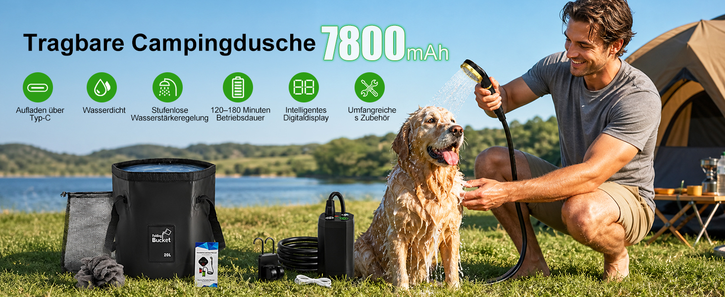 Портативний сонячний душ для кемпінгу з насосом, акумулятором 7800mAh, цифровим дисплеєм та складаним відром на 20л, для подорожей та виїздів на природу