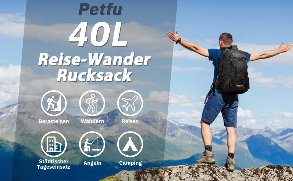 Чоловічий водонепроникний рюкзак Petfu 40 л для походів, школи, бізнесу, спорту, з відділенням для ноутбука 15.6-17 дюймів, чорний