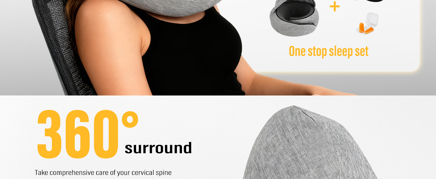 Подушка для шиї в літак/автомобіль/потяг: регульована подушка з Memory Foam, капюшоном, маскою для сну та чохлом. Підтримка голови та шиї для комфортної подорожі.