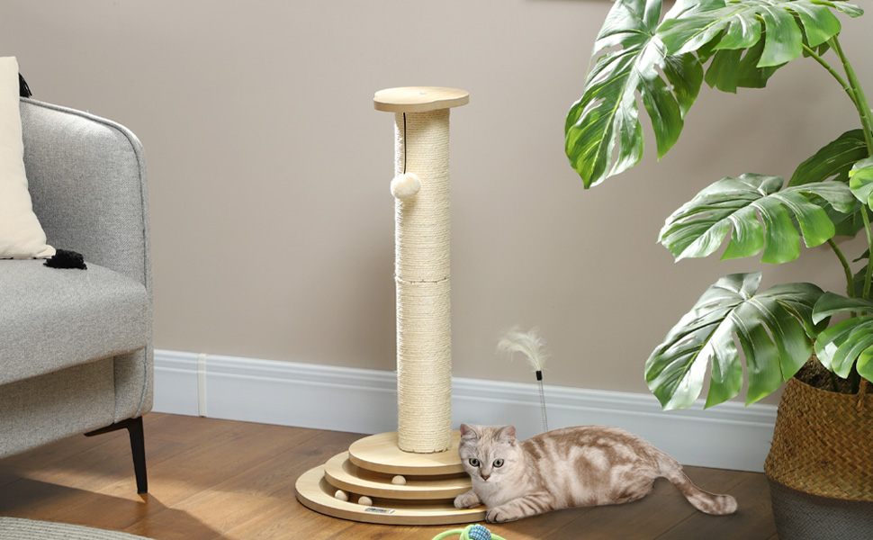 Котячий кігтетоп PawHut 4-в-1 з сизалю, 69 см, з іграшкою, для дому, дуб, 45 x 45 x 69 см
