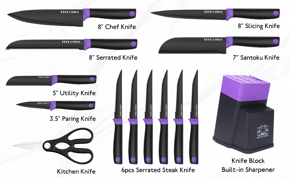 Набір кухонних ножів FIVE COWS з 14 предметів: професійний набір ножів для дому з самозаточуванням, включає ніж для стейка та ножиці, покриття захищає від окислення (фіолетовий)