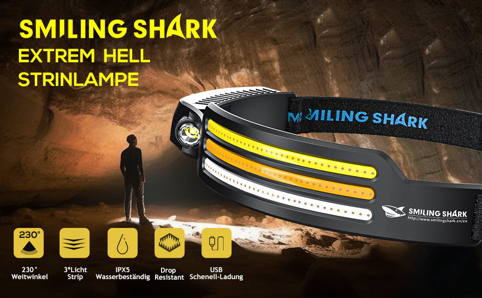 Світлодіодний налобний ліхтар Smiling Shark 230° з широким кутом, 3 LED, 2 смужки, надяскравий, водонепроникний, акумуляторний, для бігу, кемпінгу (білий + мультиколор)