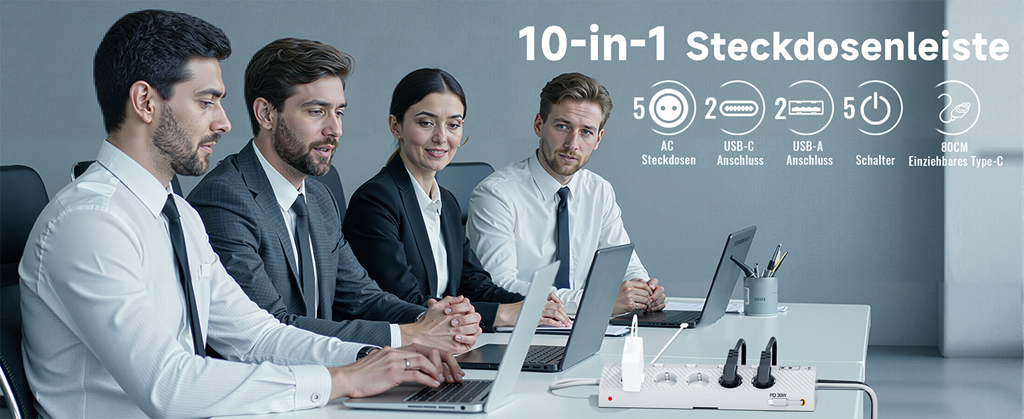 Настільний мережевий фільтр з 5 розетками та 2 USB-C (PD 30W), подовжувач з вимикачем, 4000W, кабель 2м, білий