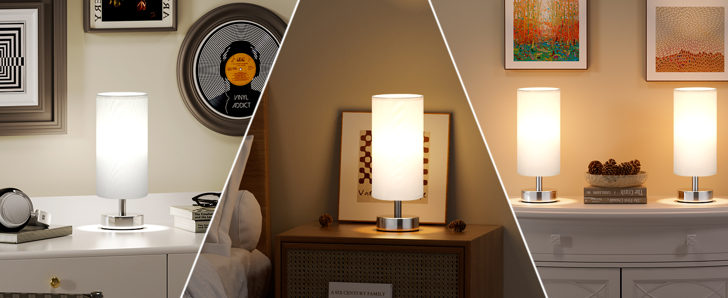 Нічна лампа Kakanuo з 3 колірними температурами, біла торшер з вимикачем, льняний абажур, маленька лампа для вітальні, спальні, офісу, дитячої кімнати (LED лампа в комплекті), біло-чорний колір (білий+срібний)