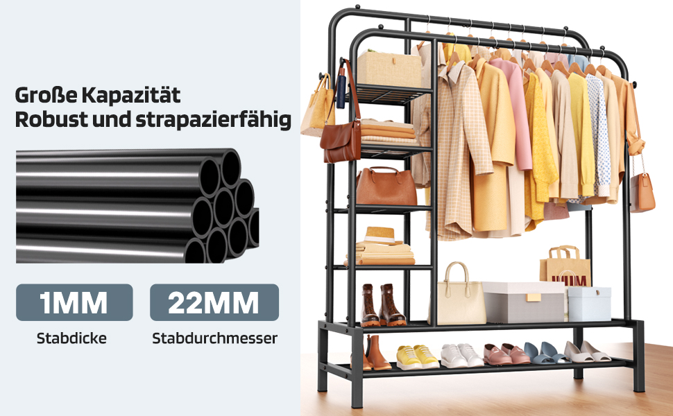 Вішалка для одягу в спальню та вітальню, подвійна, чорна - міцна конструкція 100 кг, з полицями для зберігання