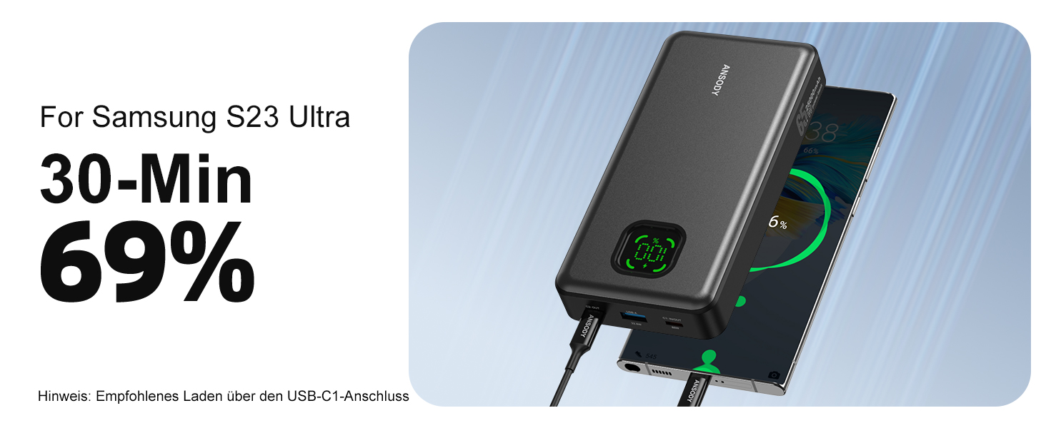 Power Bank 65W 25000mAh Klein Aber Stark для ноутбука та iPhone/iPad: портативний акумулятор з LED дисплеєм, USB-C, сірий