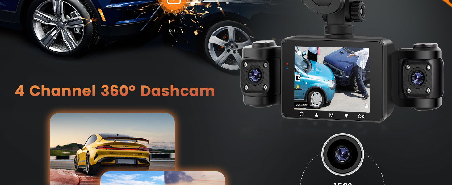 Автомобільна відеореєстратор (Dashcam) 4 Канали 360° з 4 камерами FHD 1080P (передня, задня, ліва, права), 2.4