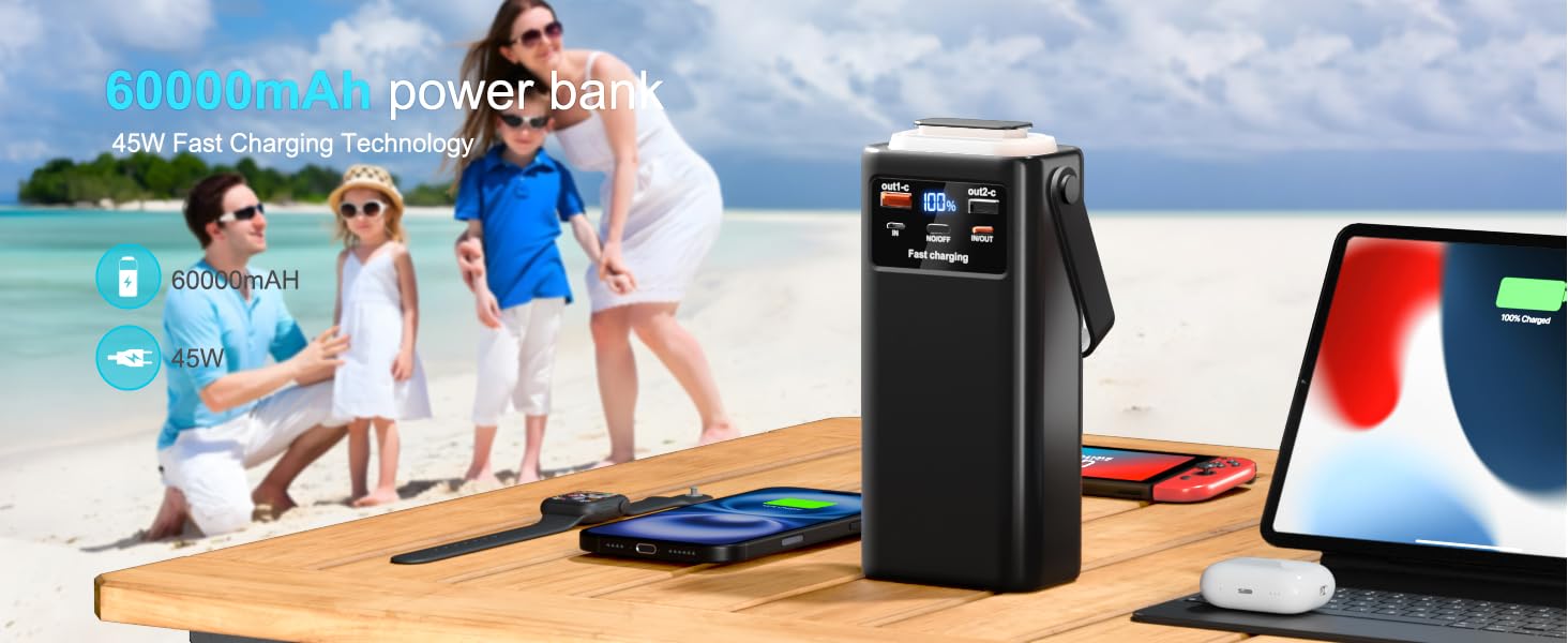 Power Bank 50000mAh з кабелем, швидка зарядка USB-C PD20W/QC22.5W, LED-індикатор, 2 входи/5 виходів, для телефонів, планшетів, подорожей, кемпінгу - Чорний