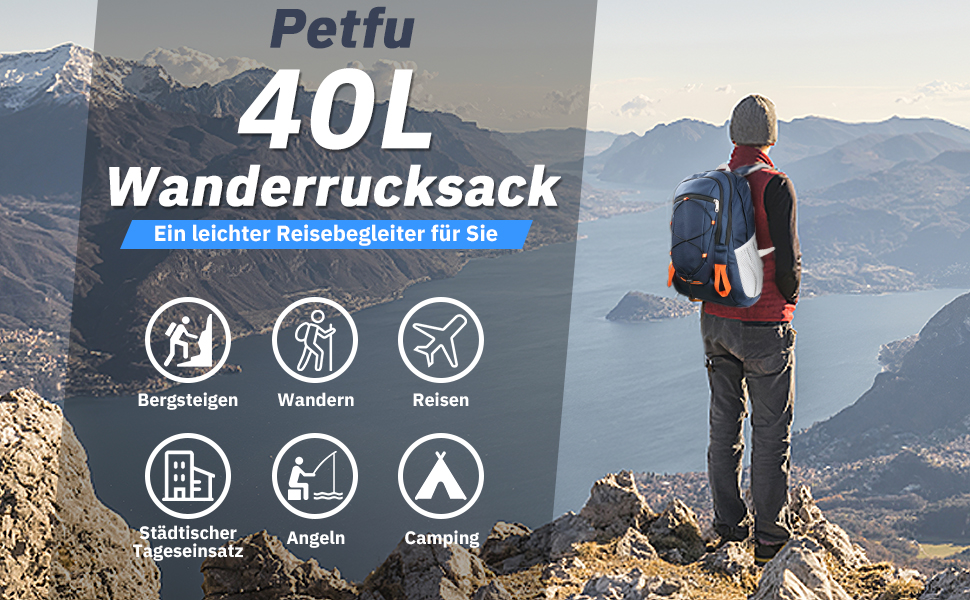 Чоловічий туристичний рюкзак Petfu 40 л, водонепроникний, для ноутбука 15.6-17