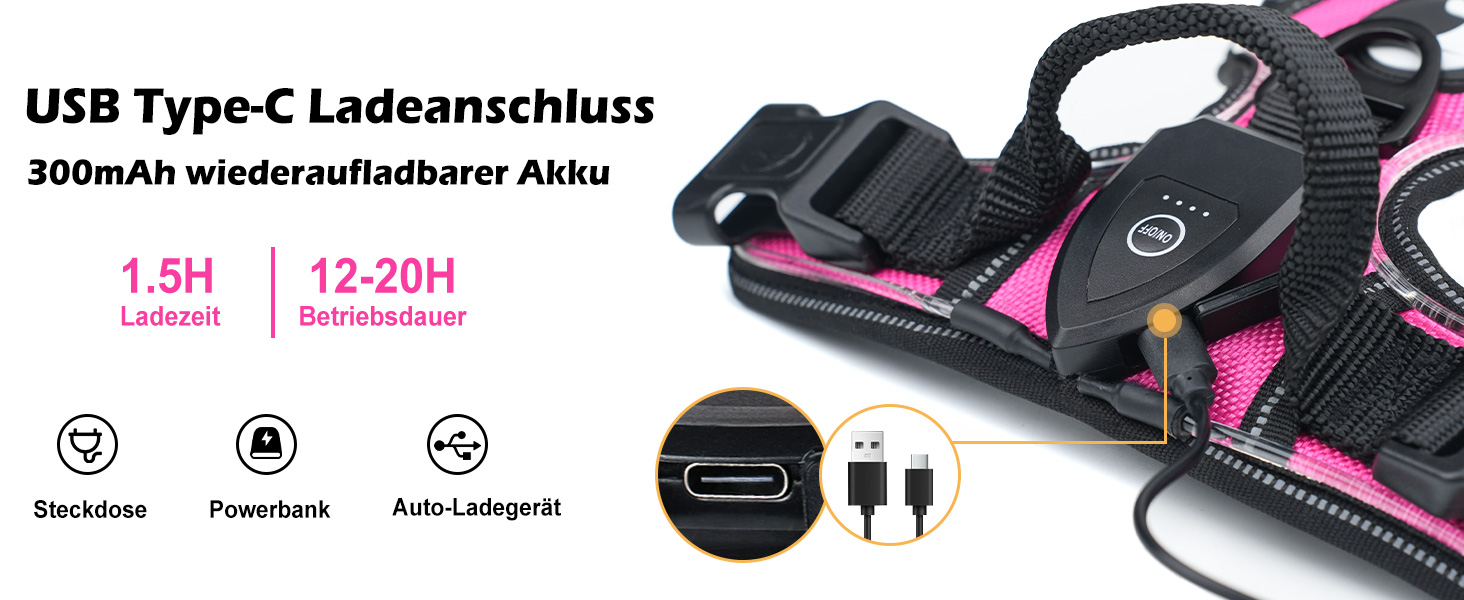 Світловідбиваючий нашийник для собак Joytale з LED, для середніх собак, не тягне, з ручкою, регульований, для нічних прогулянок, рожевий, розмір M (1 шт.)