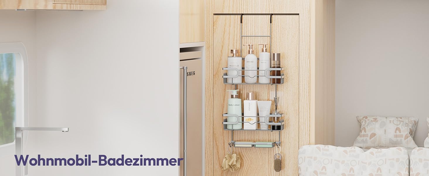 Настінна поличка для душу SWTYMIKI з нержавіючої сталі з 2 кошиками та 2 мильницями, 14 гачків, срібна