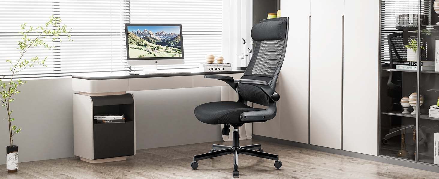 Ергономічне крісло для офісу з регульованою підголовником, офісне крісло з сітки, відкидні підлокітники, широке сидіння, функція гойдання, комп'ютерне крісло EN 1335, офісне крісло 200 кг, чорне