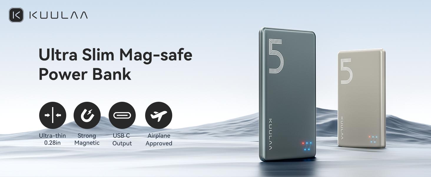 Power Bank Kuulaa Ultra Slim Magsafe, 5000mAh, Бездротова зарядка, Type-C, 20W, для iPhone 15/14/13/12, Space Gray