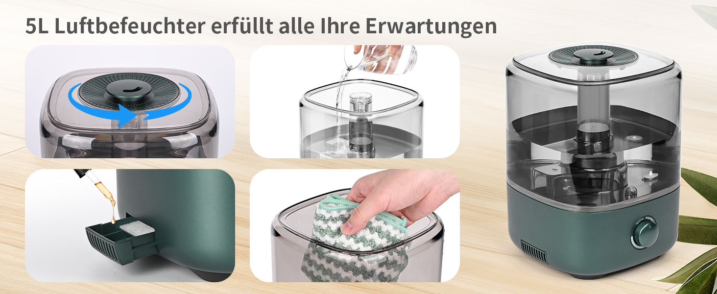 Humidifier Bedroom 5L, Vankarr Ultrasonic 28dB Quiet Air Humidifier Top-Fill Room Humidifier with 360° Swivel Nozzle, Increase Humidity for Children's Room, Office, Baby, Plants, Green