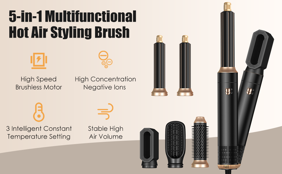 Набір для укладки Journeyside Airstyler: професійна щітка з гарячим повітрям 1000W, 5 насадок, автоматичний локонгібітор, випрямляч, для створення об'єму, локонів та випрямлення волосся, чорний