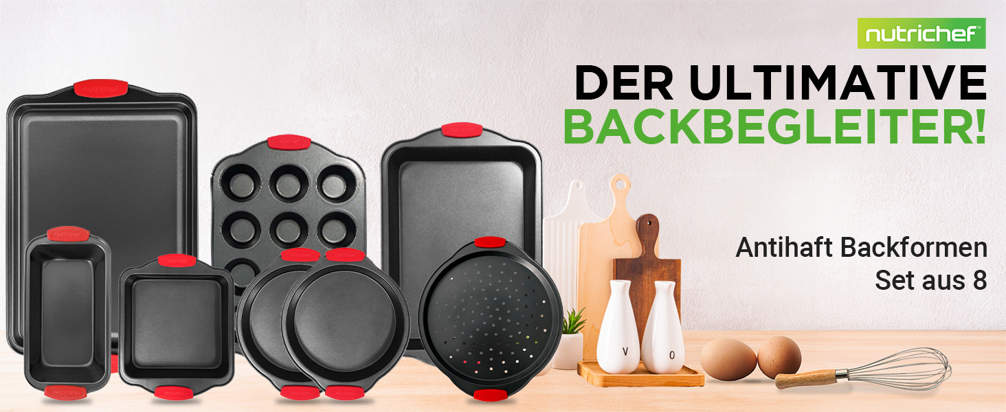 Набір форм для випічки NutriChef 8 шт. з антипригарним покриттям, включає: кексова форма, форма для піци, роз'ємна форма та інше. Підходить для духовки, миється в посудомийній машині, можна складати. Без PFOA, PFOS та PTFE.