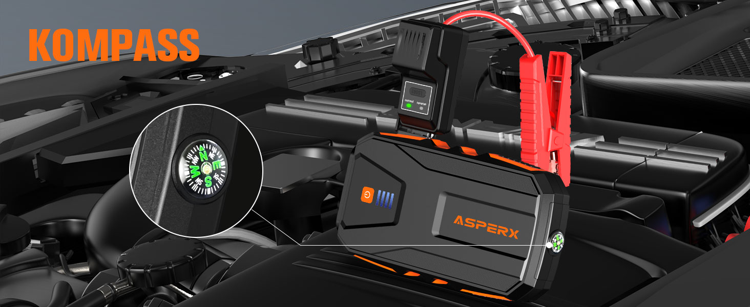 Powerbank Starthilfe AsperX 3000A: Зарядний пристрій для автомобіля 12V з кабелями, LED ліхтариком, IP64, для авто, вантажівок, мотоциклів