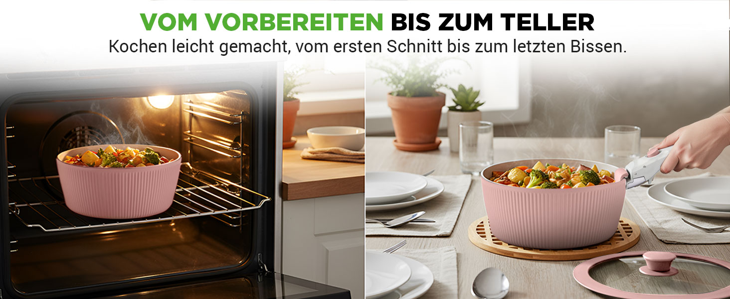 Набір посуду NutriChef 18 предметів керамічний рожевий з знімними ручками, для індукційних плит, антипригарний, компактний, для духовки, універсальний