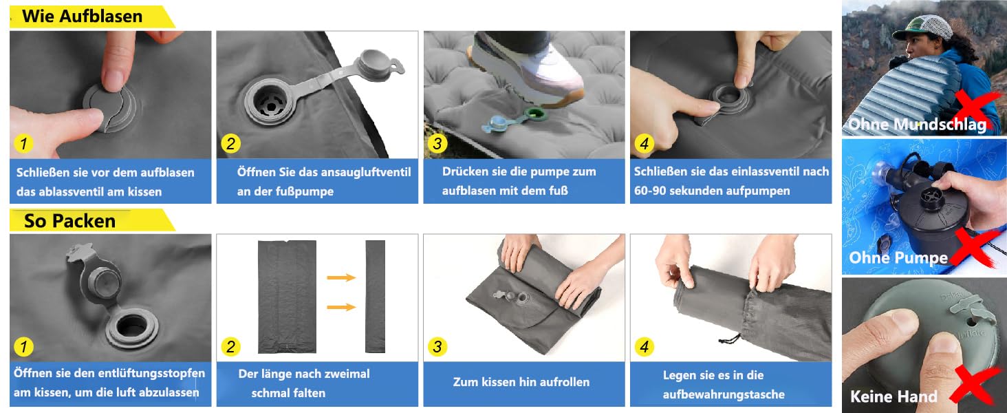Каремат для кемпінгу на 2 особи Doppel - ультралегкий, 10 см, самонадувний, з помпою та подушкою. Ідеально для подорожей та відпочинку на природі. Сірий колір.