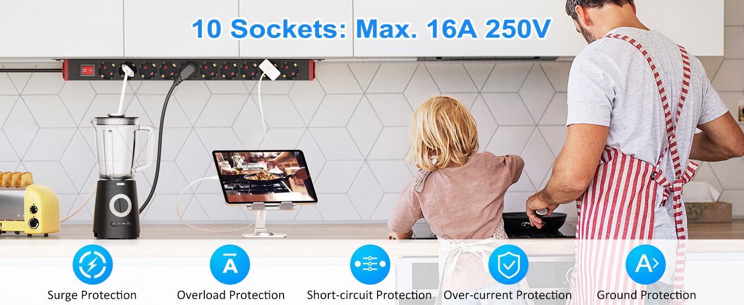 Мережевий фільтр 10 розеток з захистом від перенапруги, з вимикачем та поворотними кріпленнями, чорний, металевий корпус