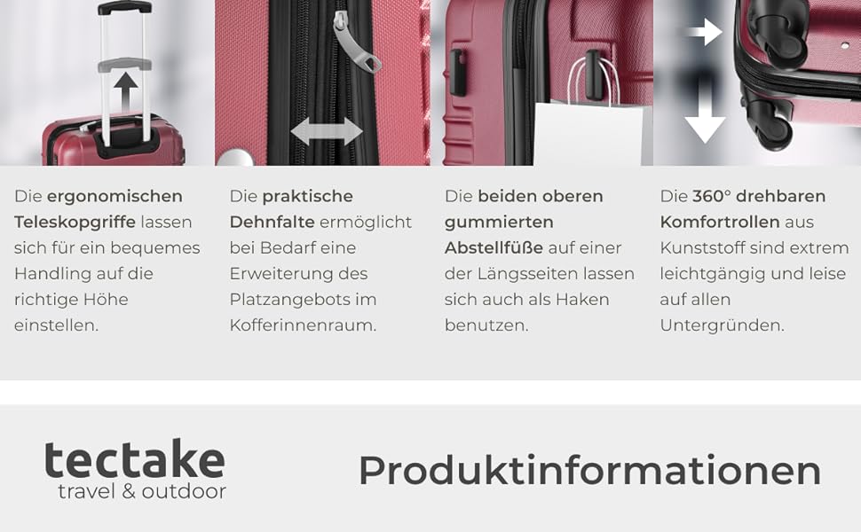 Набір валіз Tectake® 4 шт. з TSA замком, жорсткий корпус, телескопічна ручка, 4 колеса, 360° обертання, зелений (вишневий)