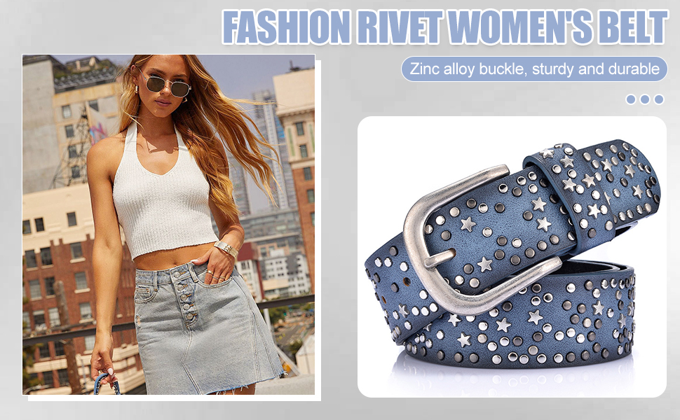 Жіночий шкіряний ремінь 110 см з зірковими застібками, ширина 3.8 см, універсальний для джинсів, суконь, штанів та шортів, регульований, вінтажний, з металевою пряжкою (синій)