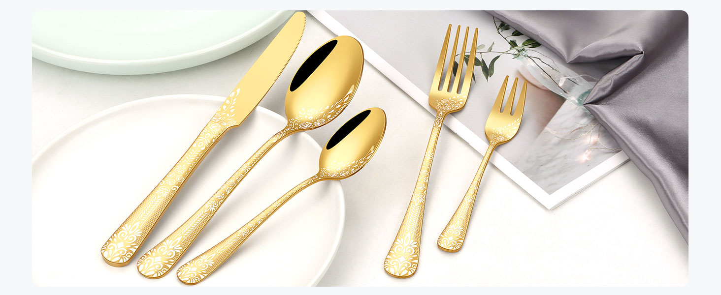 Набір столових приборів на 6 осіб HONKKU, нержавіюча сталь, з ножами для стейку, миючий посуду, з квітковим візерунком (30 предметів, золотий)