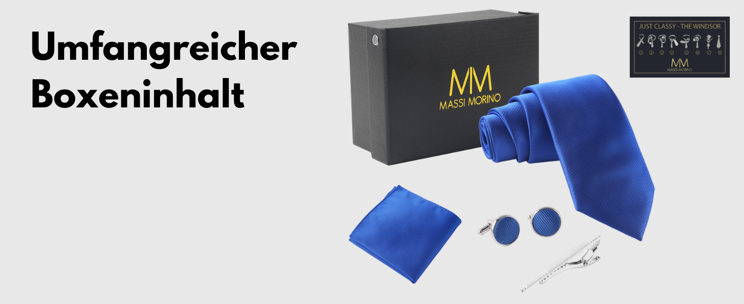 Набір краваток Massi Morino для чоловіків (з нагрудною хустиною, краваткозажимом та подарунковою коробкою) - темно блакитний, квадратний, для весілля