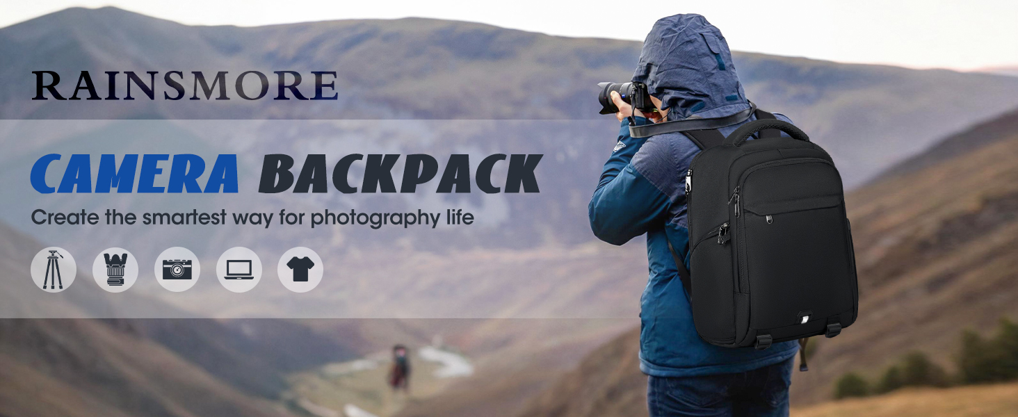 Рюкзак для фотокамери RAINSMORE з відділенням для ноутбука 14 дюймів, чорний, з дощовиком. Підходить для Canon, Nikon, Sony (DSLR, SLR)