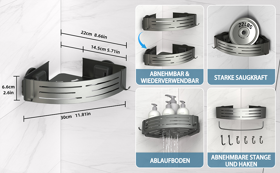 Двомісне куткове поличок для душу без свердління з присосками, водонепроникний органайзер для ванної кімнати, з тримачем для рушників, для шампуню та гелю для душу, чорний матовий (1 шт. сірий кутовий поличок для душу)
