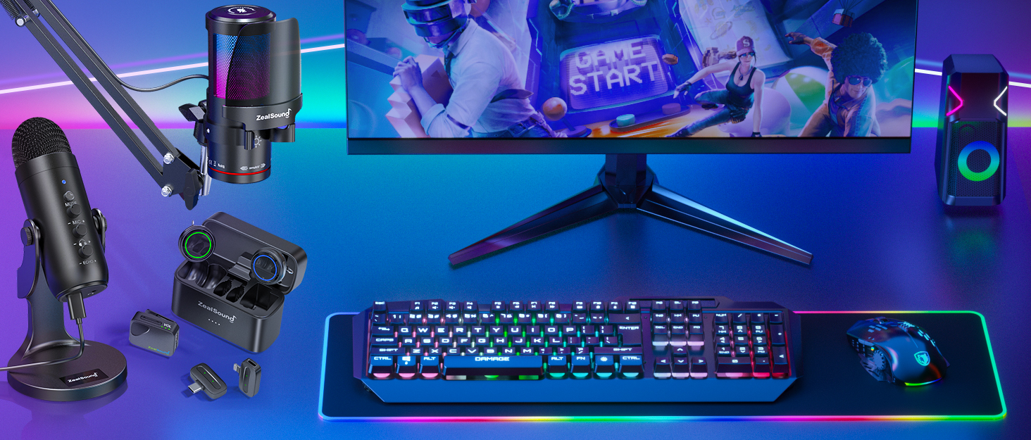 Zealsound USB Мікрофон для ПК та телефону – RGB, з регулюванням гучності, поп-фільтром, тримачем, та 2 адаптерами для подкастів, стрімінгу, Discord, YouTube, TikTok A68