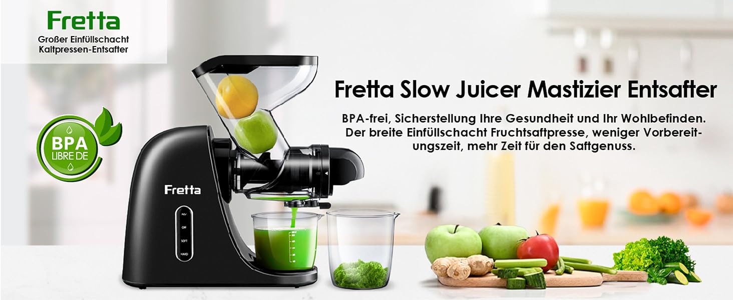 Фреш-прес Fretta Slow Juicer: холодний віджим, 200W, для овочів та фруктів, чорний