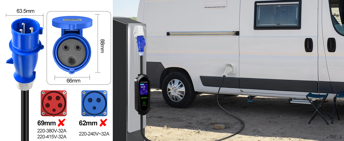 Мобільна зарядка для електромобіля 7kW CEE 32A, кабель Type 2, 5м, 1-фазна, 8-32A, з цифровим дисплеєм