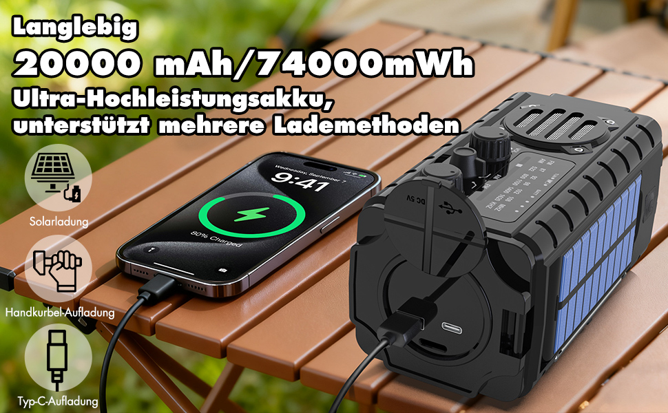 Радіо на сонячній батареї 20000mAh з ручним заводом, AM/FM, LED ліхтарик, SOS сигнал, IPX6, чорний